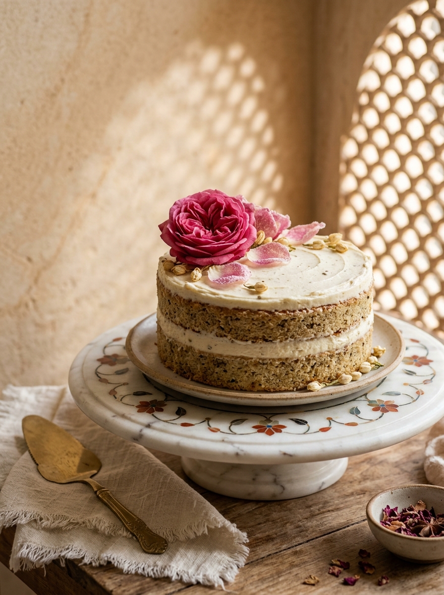 Rose-cardamom cake on a marble-inlay stand