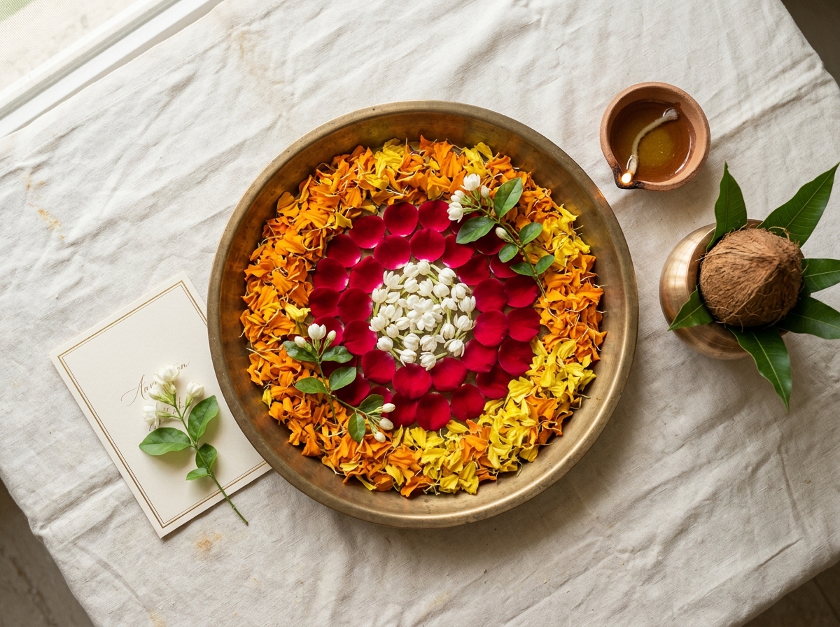 Marigold and rose thaal arrangement